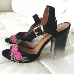 Suede embroidered sandals with transparent heels